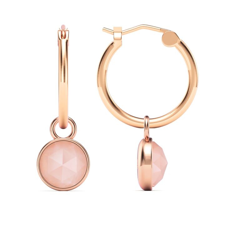 Round Rose Cut Rose Quartz 18mm Hoop Drop Earrings Rose Gold Plated