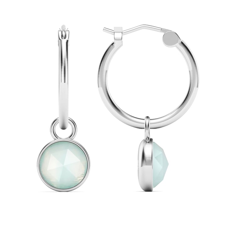 Round Rose Cut Amazonite 18mm Hoop Drop Earrings Rhodium Plated