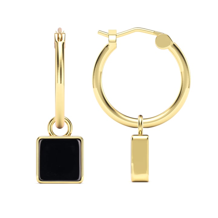 Square 18mm Hoop Drop Earrings Black Onyx Gold Plated