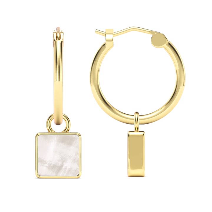 Square 18mm Hoop Drop Earrings Mother of Pearl Gold Plated