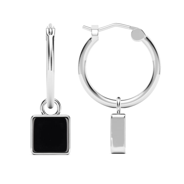 Square 18mm Hoop Drop Earrings Black Onyx Rhodium Plated