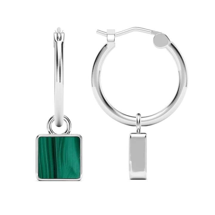 Square 18mm Hoop Drop Earrings Malachite Rhodium Plated