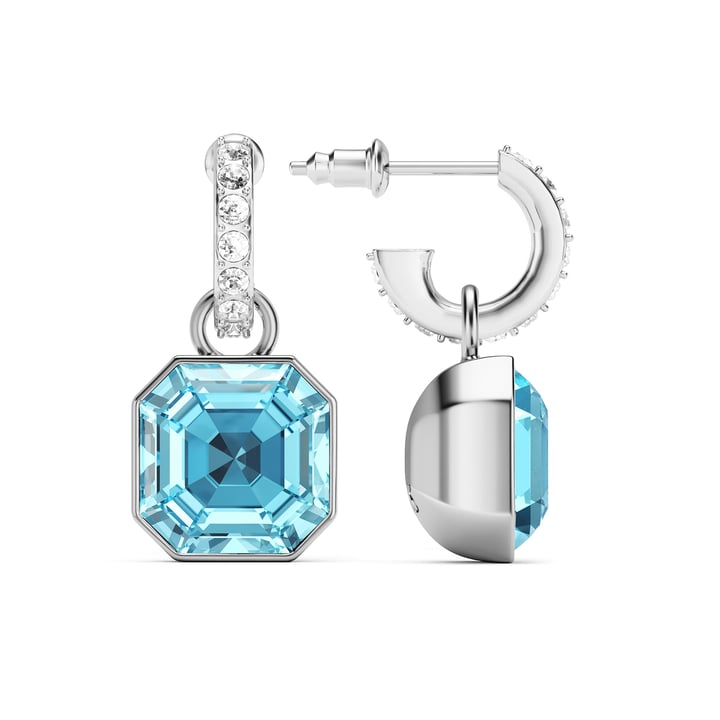 Asscher Mix Charms and Eternity 11mm Carrier Earrings Set Aquamarine Rhodium Plated