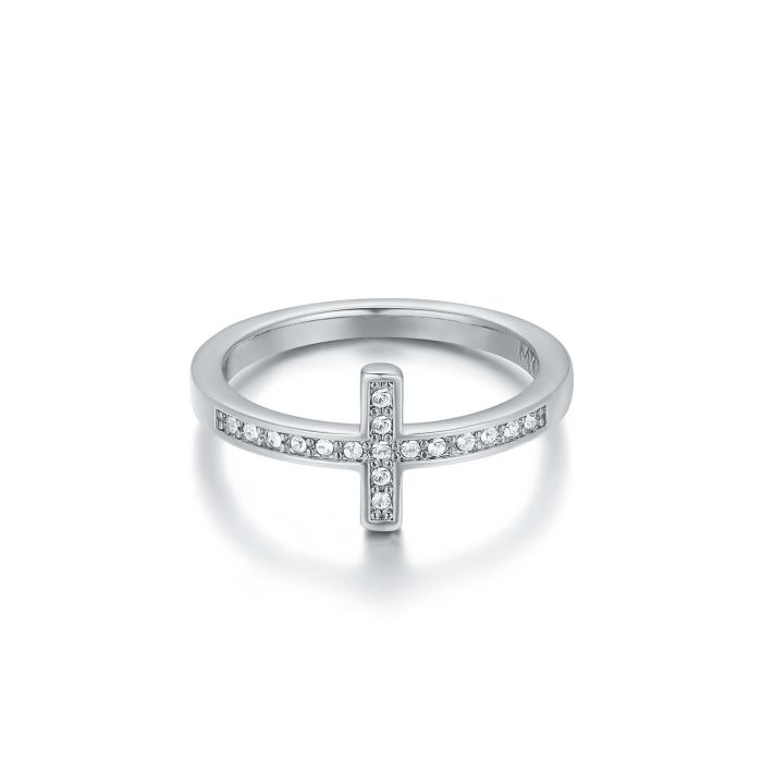 Minimalist Cross Ring with Clear Swarovski Crystals Rhodium Plated