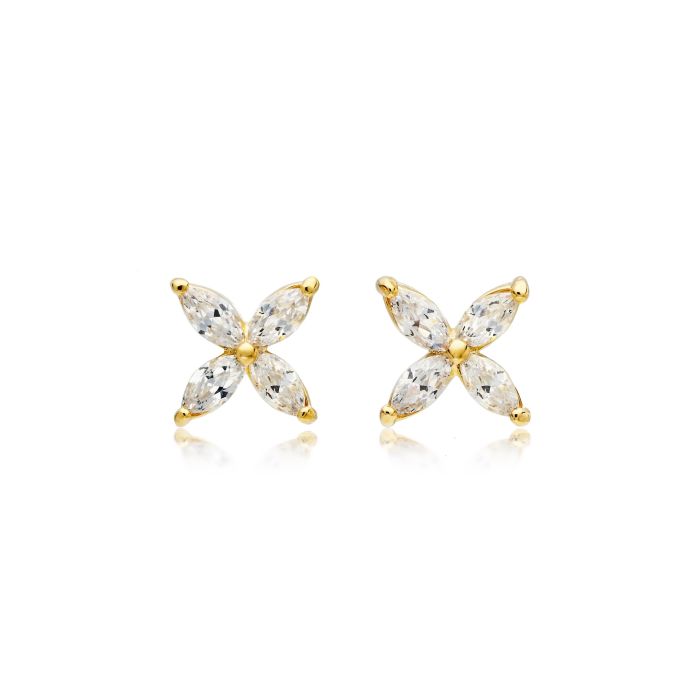 Victoria Flower Marquise Clear CZ Stud Earrings Bridal Gold Plated