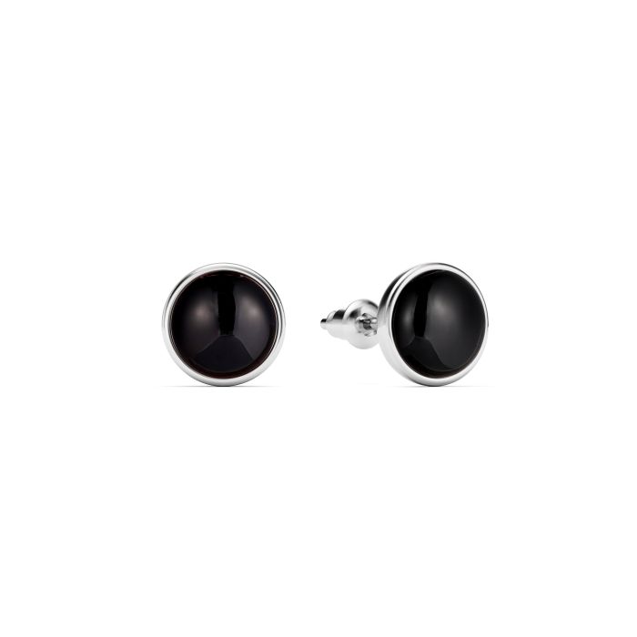 Round Petite Cabochon Stud Earrings Black Onyx Rhodium Plated