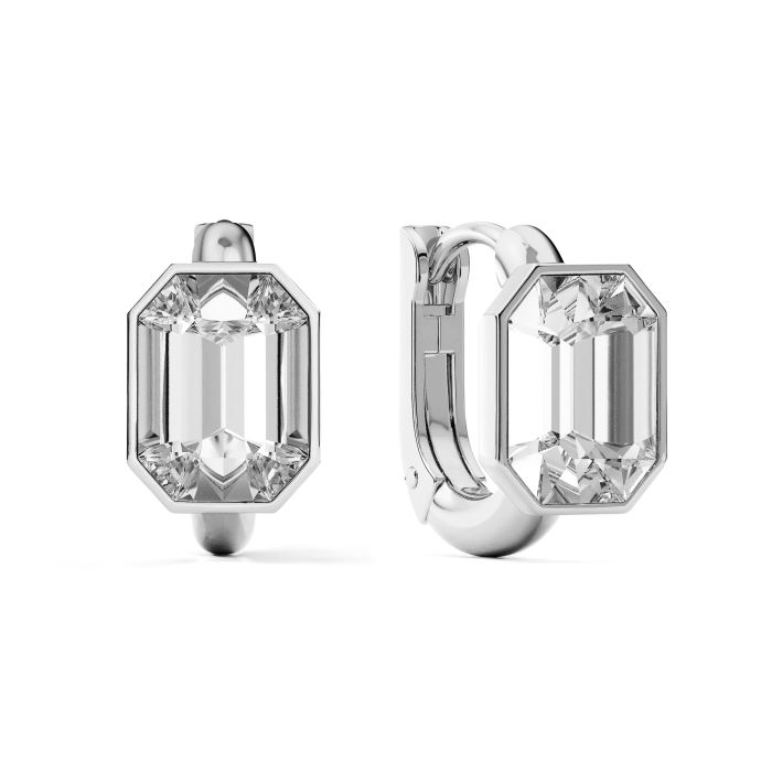 Octagon Statement Hoop Earrings with Clear Crystals Rhodium Plated