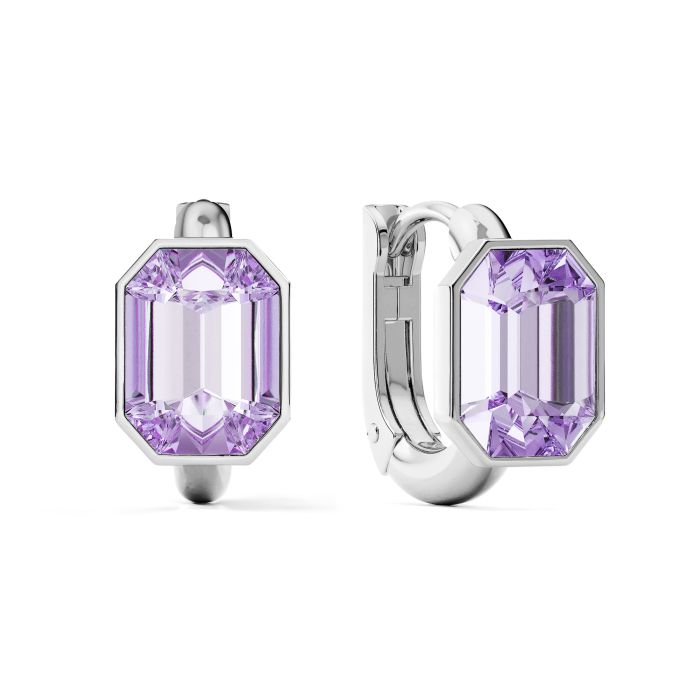 Octagon Statement Hoop Earrings with Violet Crystals Rhodium Plated