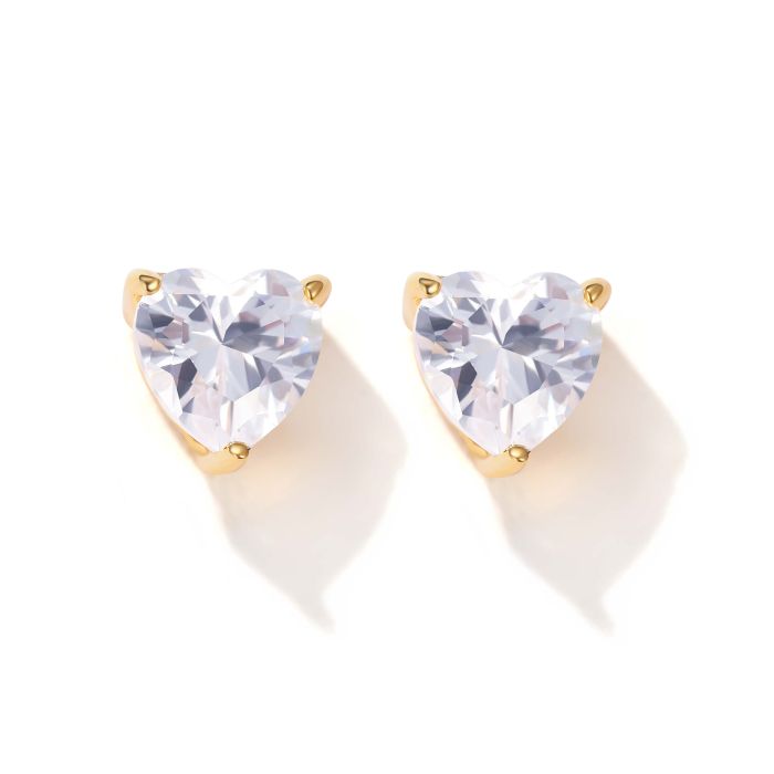 Solitaire Heart Clear Cubic Zirconia Sterling Silver Stud Earrings 5mm Gold Plated