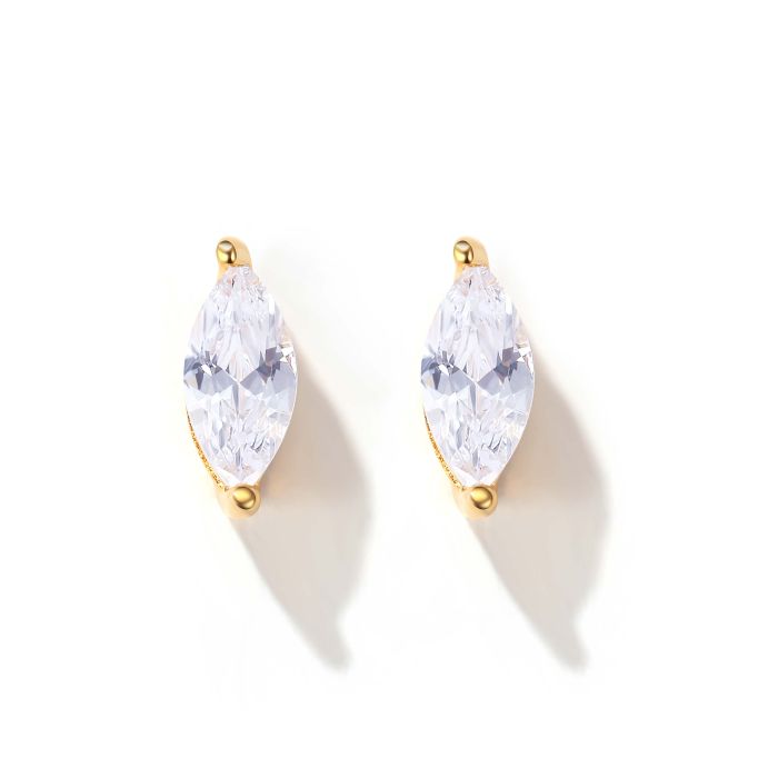 Solitaire Marquise Clear Cubic Zirconia Sterling Silver Stud Earrings Gold Plated
