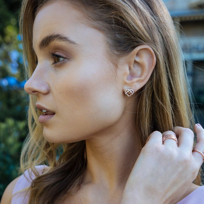Ruyi Knot Heart Stud Earrings with Swarovski Crystal Rose Gold Plated
