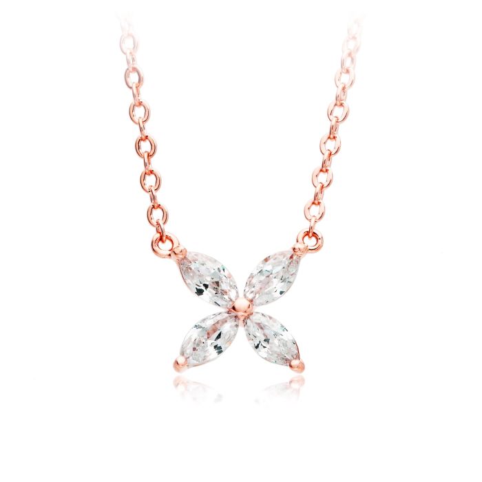 Victoria Flower Marquise CZ Pendant Necklace Bridal Rose Gold Plated