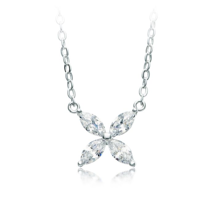 Victoria Flower Marquise CZ Pendant Necklace Bridal Rhodium Plated