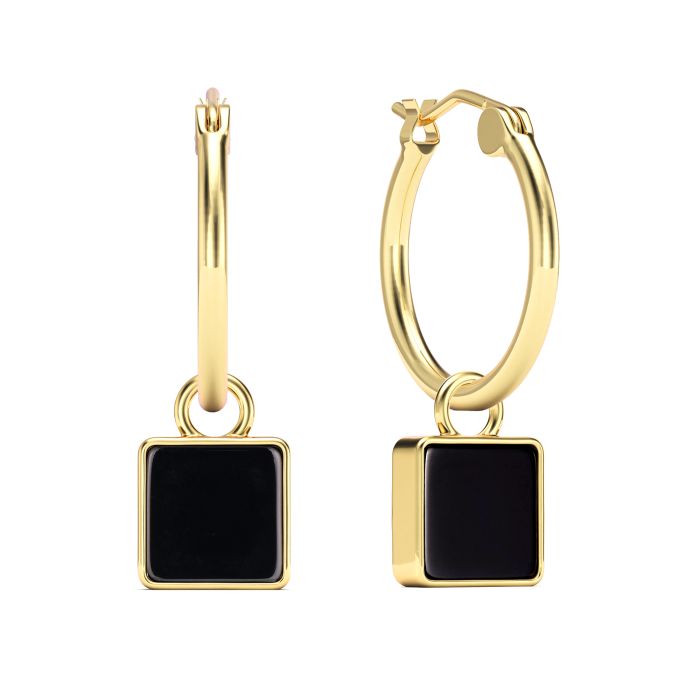 Square 18mm Hoop Drop Earrings Black Onyx Gold Plated