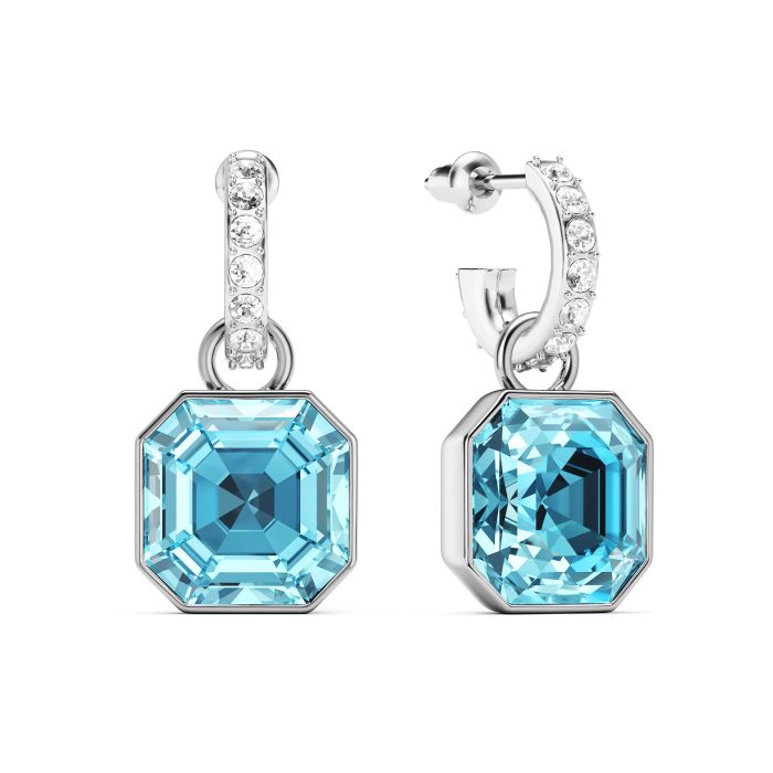 Asscher Mix Charms and Eternity 11mm Carrier Earrings Set Aquamarine Rhodium Plated