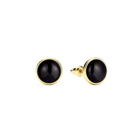 Round Petite Cabochon Black Onyx Stud Earrings Gold Plated Elegant Onyx Earrings
