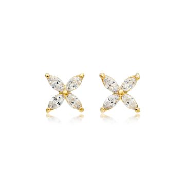 Victoria Flower Marquise Clear CZ Stud Earrings Bridal Gold Plated