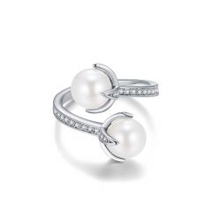 Interloped White Crystal Pearl Statement Ring Rhodium Plated