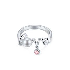 Writing of Love Crystal Pearl Ring Rhodium Plated