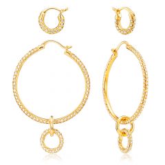 Stone Interlinked Hoop Earrings Set w Swarovski Crystals Gold Plated