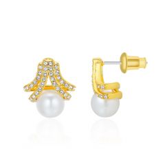 Cradle White Pearl Earrings w Swarovski Crystals Gold Plated