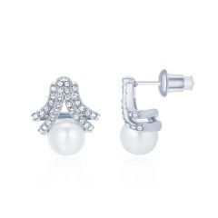 Cradle White Pearl Earrings w Swarovski Crystals Rhodium Plated