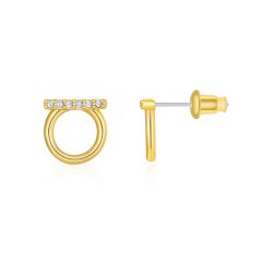 Pave Bar Open Circle Stud Earrings w Swarovski Crystals Gold Plated