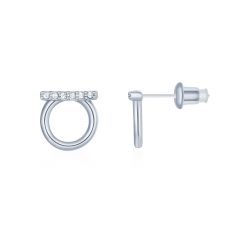 Pave Bar Open Circle Stud Earrings w Swarovski Crystals Rhodium Plated
