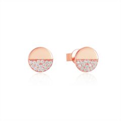 Circle Half CZ Pave Stud Earrings in Sterling Silver Rose Gold Plated