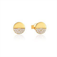 Circle Half CZ Pave Stud Earrings in Sterling Silver Gold Plated