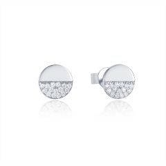 Circle Half CZ Pave Stud Earrings in Sterling Silver Rhodium Plated
