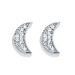 Moon Crescent CZ Pave Stud Earrings in Sterling Silver Rhodium Plated