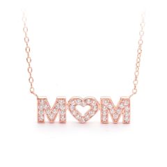 Mom heart tag necklace with CZ Pave in rose gold