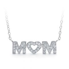 Mom heart tag necklace with CZ Pave in Rhodium