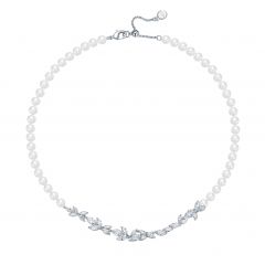 Louison White Pearl Necklace with CZ Rhodium Plated