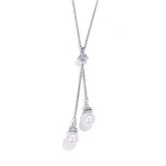 Double Dewdrop Pearl Necklace with Swarovski Crystals Rhodium Plated