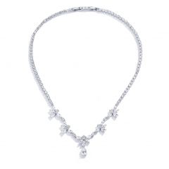 Adele Floral Statement Necklace With Cubic Zirconia Rhodium Plated