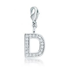 Letter D Initial Charm with Cubic Zirconia Rhodium Plated