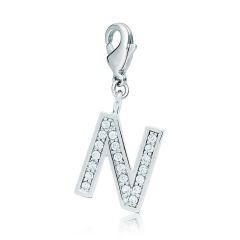Letter N Initial Charm with Cubic Zirconia Rhodium Plated