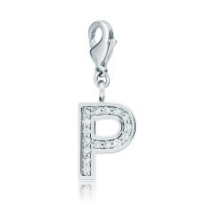 Letter P Initial Charm with Cubic Zirconia Rhodium Plated