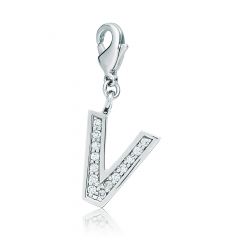 Letter V Initial Charm with Cubic Zirconia Rhodium Plated