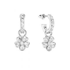 Cherry Blossom Flower Hoop Earrings Clear Crystals Pave Rhodium Plated