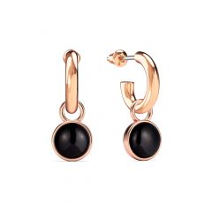 Round Cabochon Black Onyx Drop Earrings Rose Gold Plated