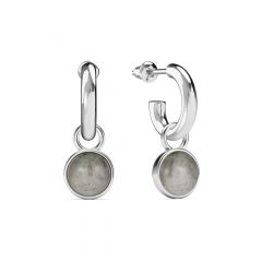 Round Cabochon Grey Moonstone Drop Earrings Rhodium Plated