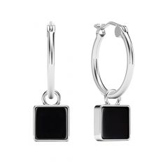 Square Black Onyx 18mm Hoop Drop Earrings Rhodium Plated